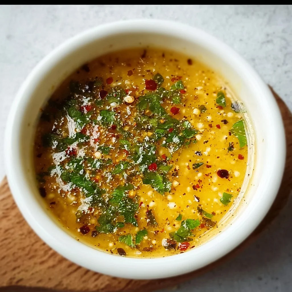 Spicy garlic butter sauce in a bowl with herbs