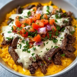 Delicious Steak Cheese Bowl topped with melted cheese and fresh ingredients