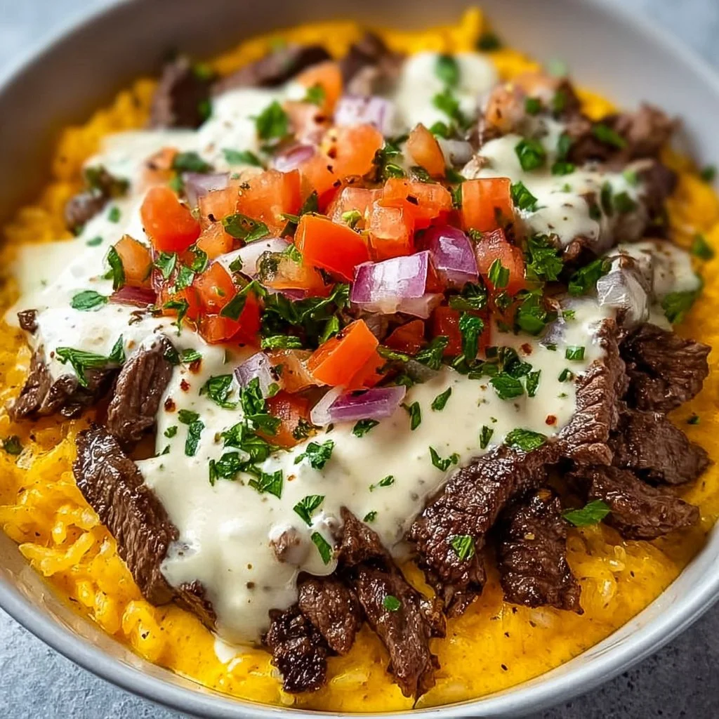 Delicious Steak Cheese Bowl topped with melted cheese and fresh ingredients