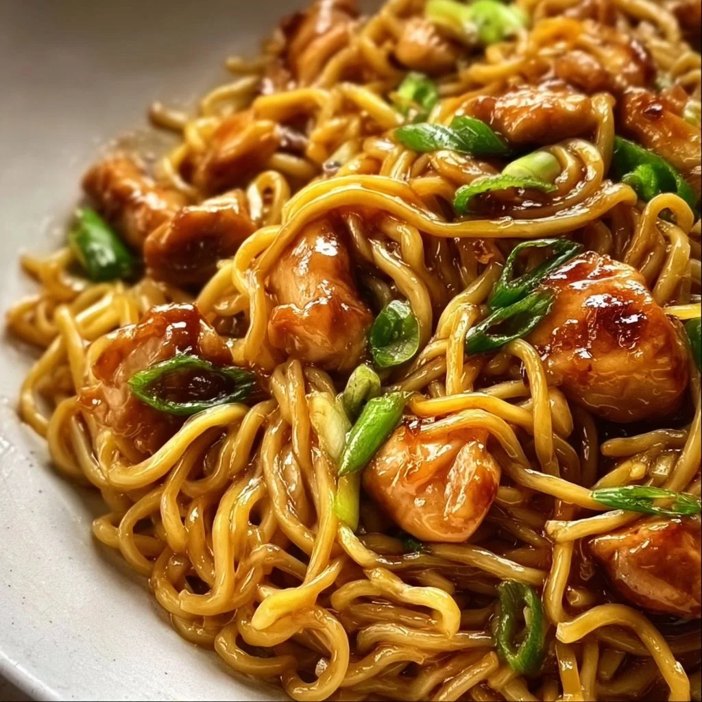 Sticky Garlic Chicken Noodles served in a bowl with fresh vegetables and herbs.
