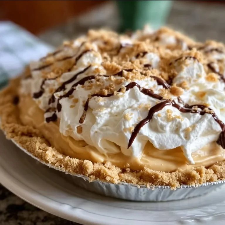 Amish Peanut Butter Cream Pie topped with whipped cream and chocolate drizzle