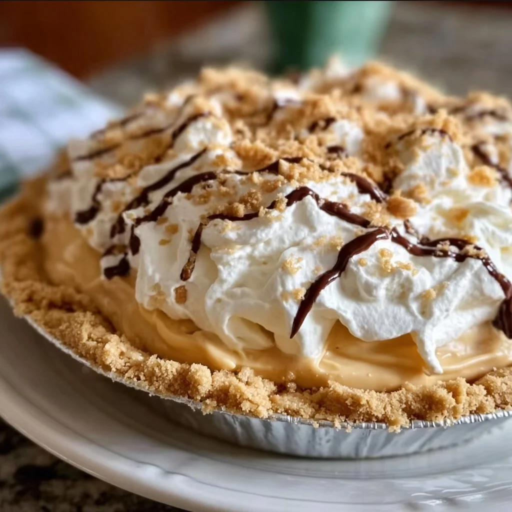 Amish Peanut Butter Cream Pie topped with whipped cream and chocolate drizzle