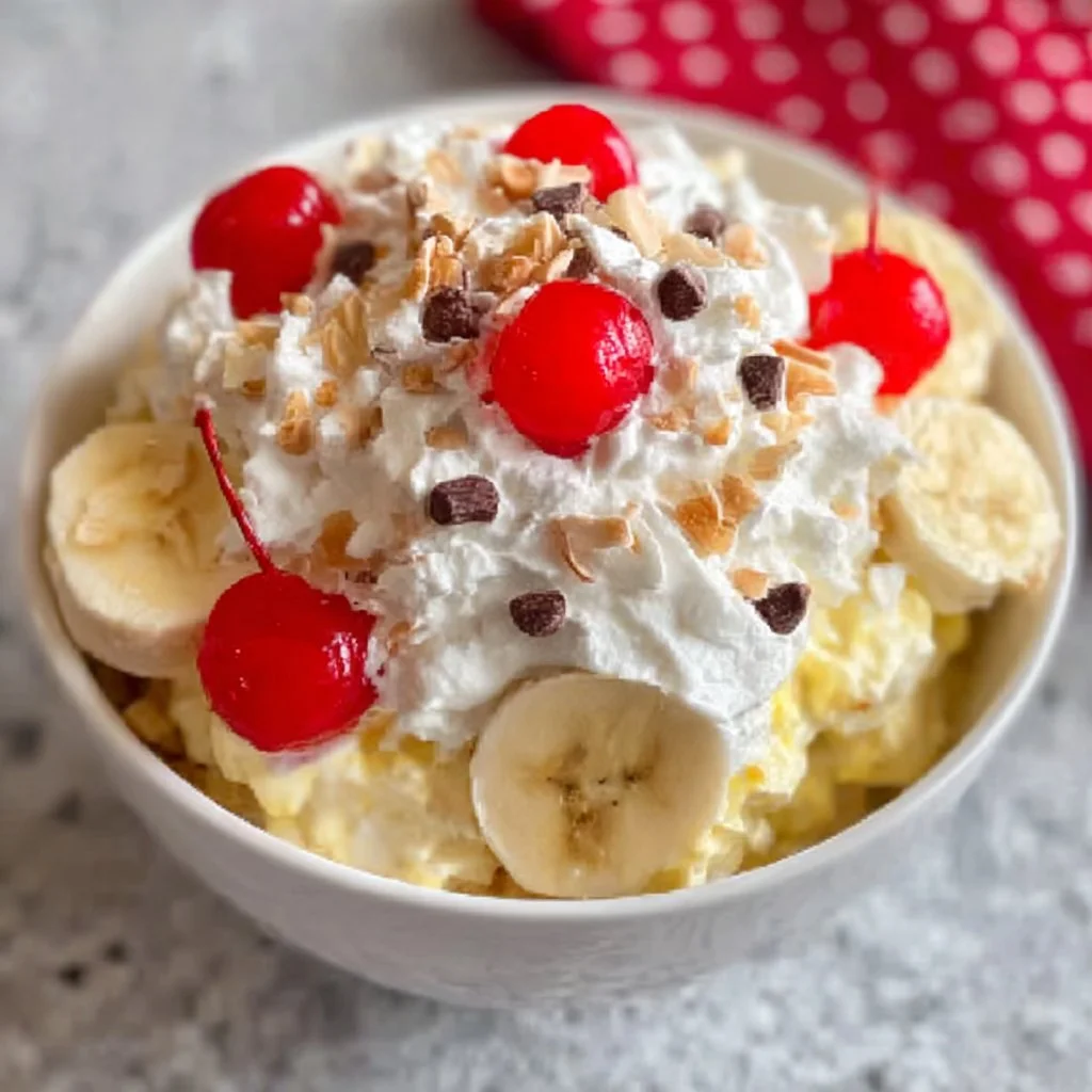 Delicious Banana Split Fluff Salad served in a bowl with fruit toppings