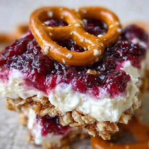 Delicious blackberry pretzel dessert with a crunchy crust and fresh berries