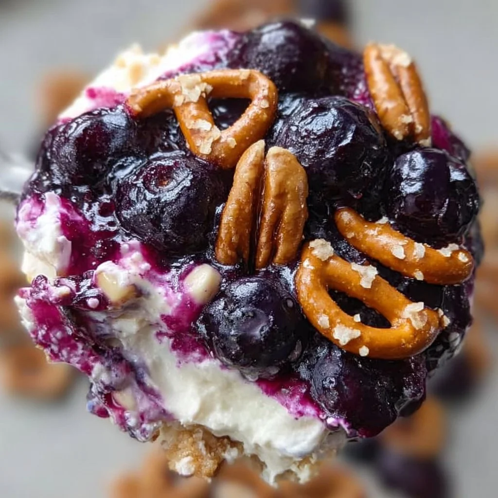 A delicious bowl of Blueberry Pretzel Salad topped with fresh blueberries and pretzel crust.