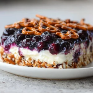 Delicious Blueberry Pretzel Salad served in a bowl, ideal summer no-bake dessert