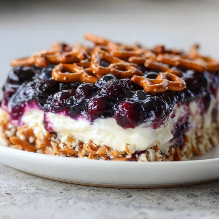 Delicious Blueberry Pretzel Salad served in a bowl, ideal summer no-bake dessert