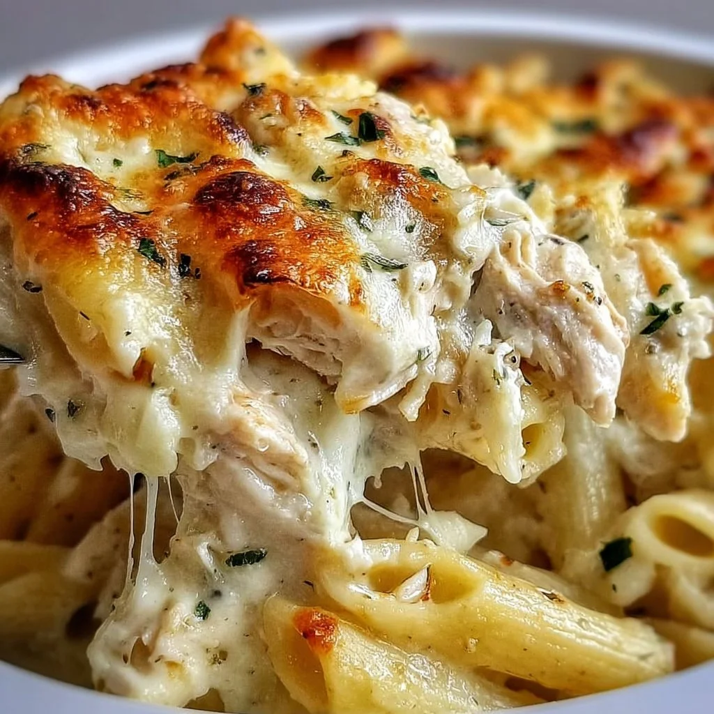 Delicious Chicken Alfredo Ziti Casserole topped with cheese and parsley