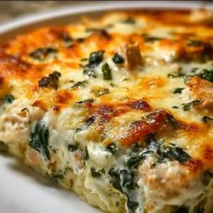 Chicken and Spinach Casserole topped with creamy cheese sauce