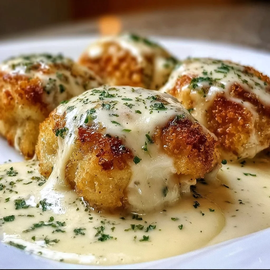 Delicious chicken pillows with creamy parmesan sauce served for a cozy dinner