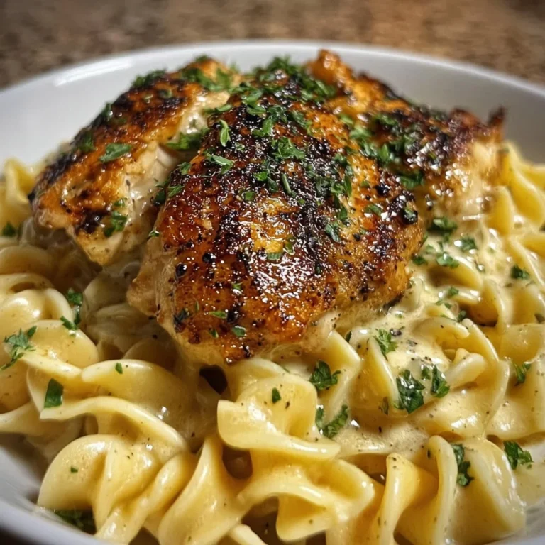 Plate of chicken with buttered noodles, garnished with herbs