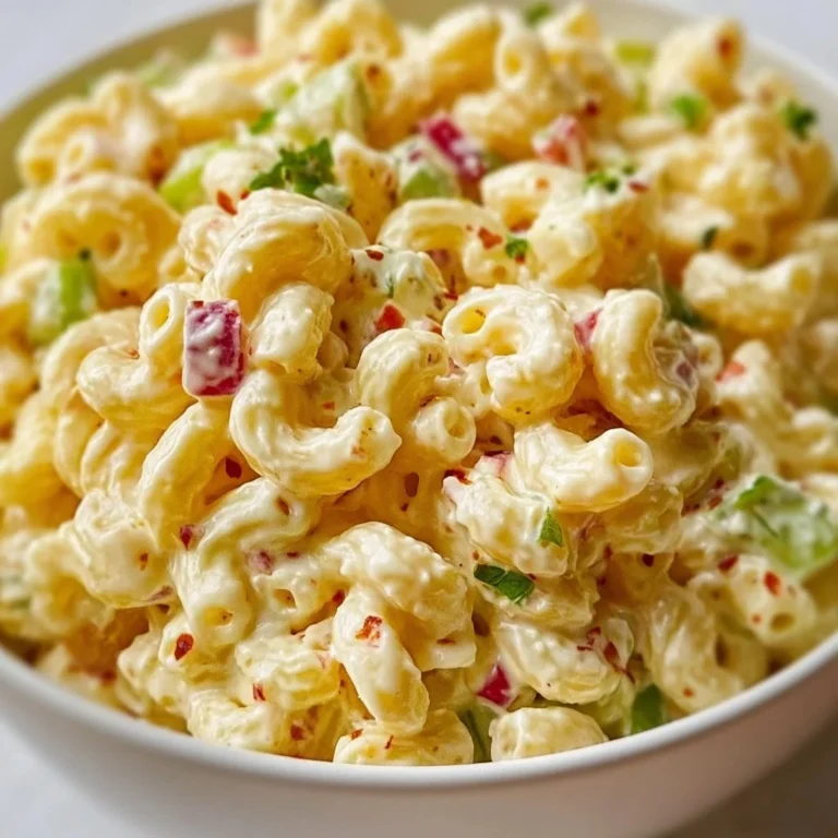 Bowl of classic creamy macaroni salad with vegetables and dressing
