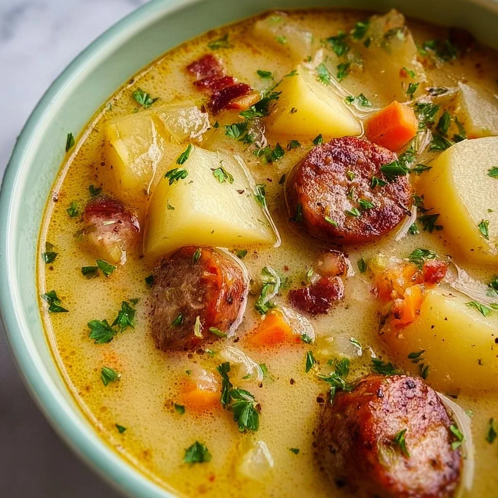 Bowl of Classic German Potato Soup with Sausage garnished with herbs.