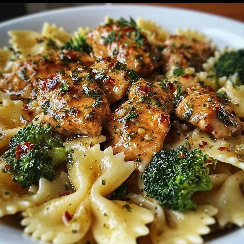 Delicious Cowboy Butter Lemon Bowtie Chicken with Broccoli on a plate