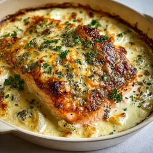 Creamy Boursin salmon bake topped with herbs and spices