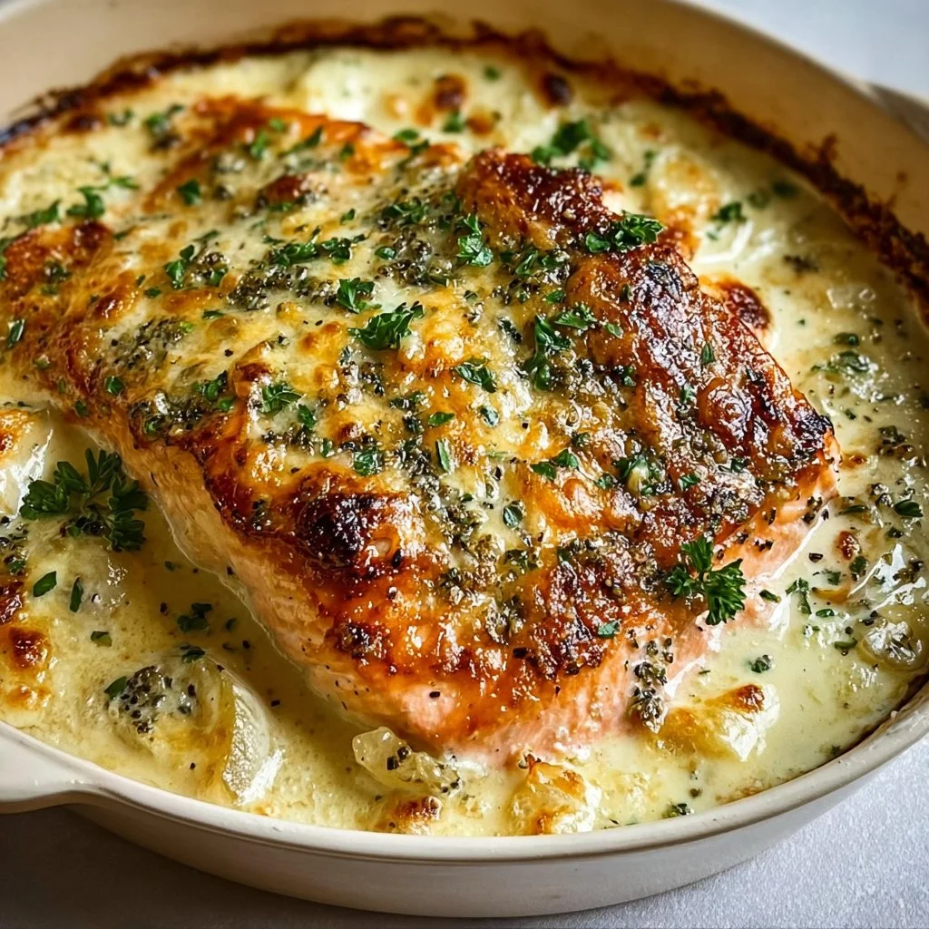 Creamy Boursin salmon bake topped with herbs and spices