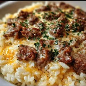 Creamy garlic butter beef dish served over rice with herbs and spices