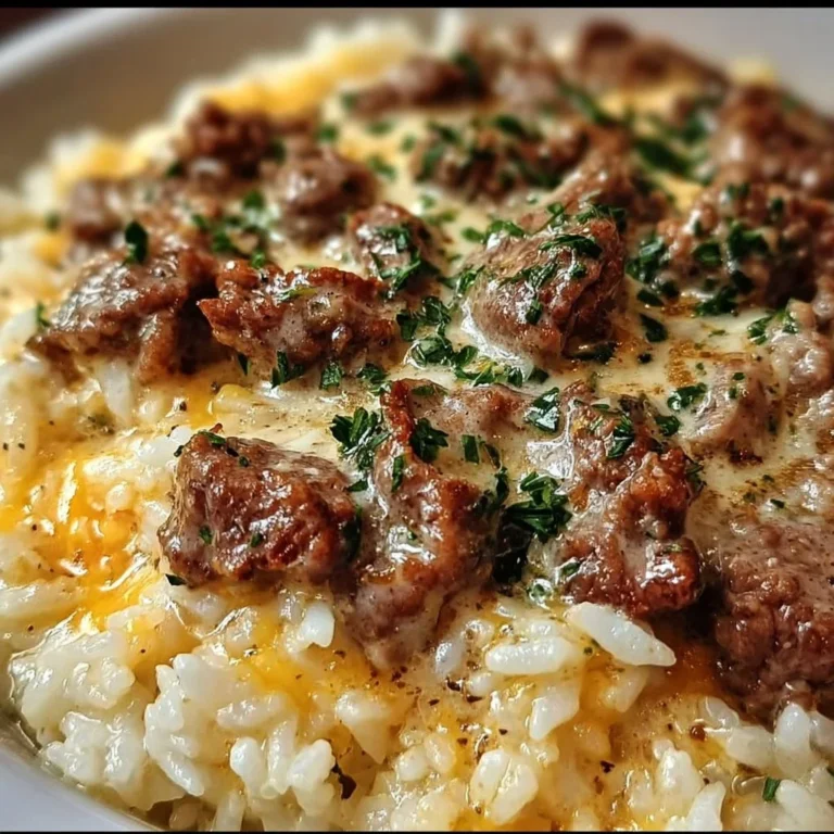 Creamy garlic butter beef dish served over rice with herbs and spices