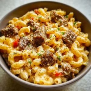 Creamy Steak Queso Mac dish with melt-in-your-mouth steak and mac and cheese
