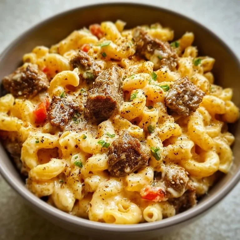 Creamy Steak Queso Mac dish with melt-in-your-mouth steak and mac and cheese