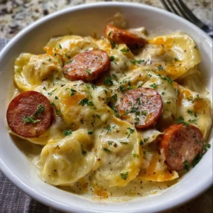 Delicious Crockpot Pierogi Casserole with Kielbasa served in a dish