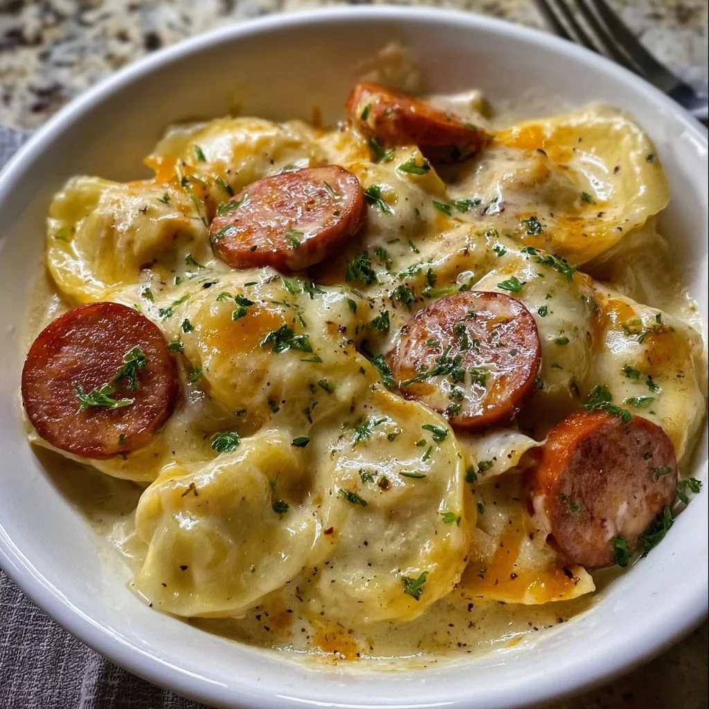Delicious Crockpot Pierogi Casserole with Kielbasa served in a dish