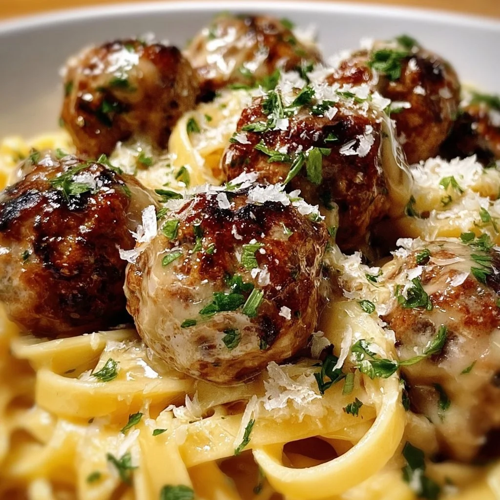Delicious garlic butter meatballs atop creamy Parmesan linguine in a plate.