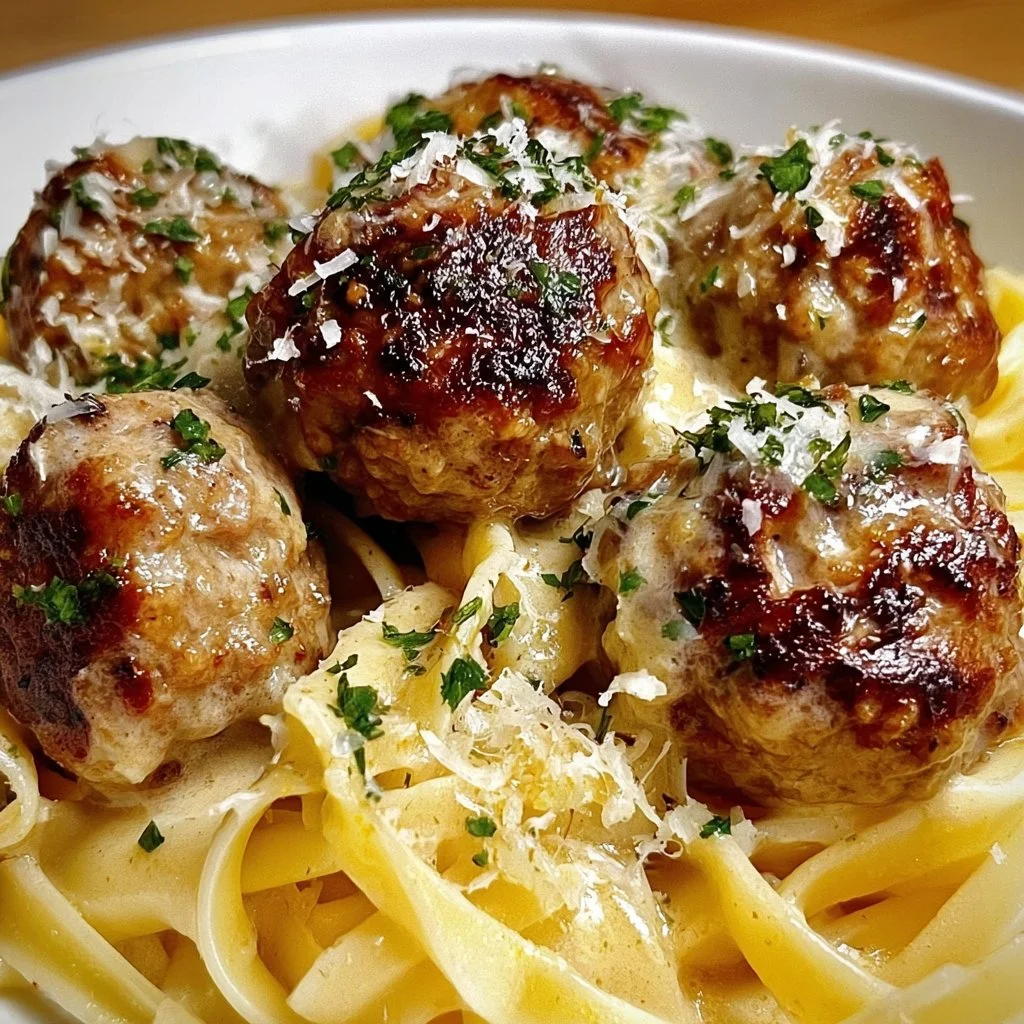 Easy Garlic Butter Meatballs Served Over Creamy Parmesan Linguine