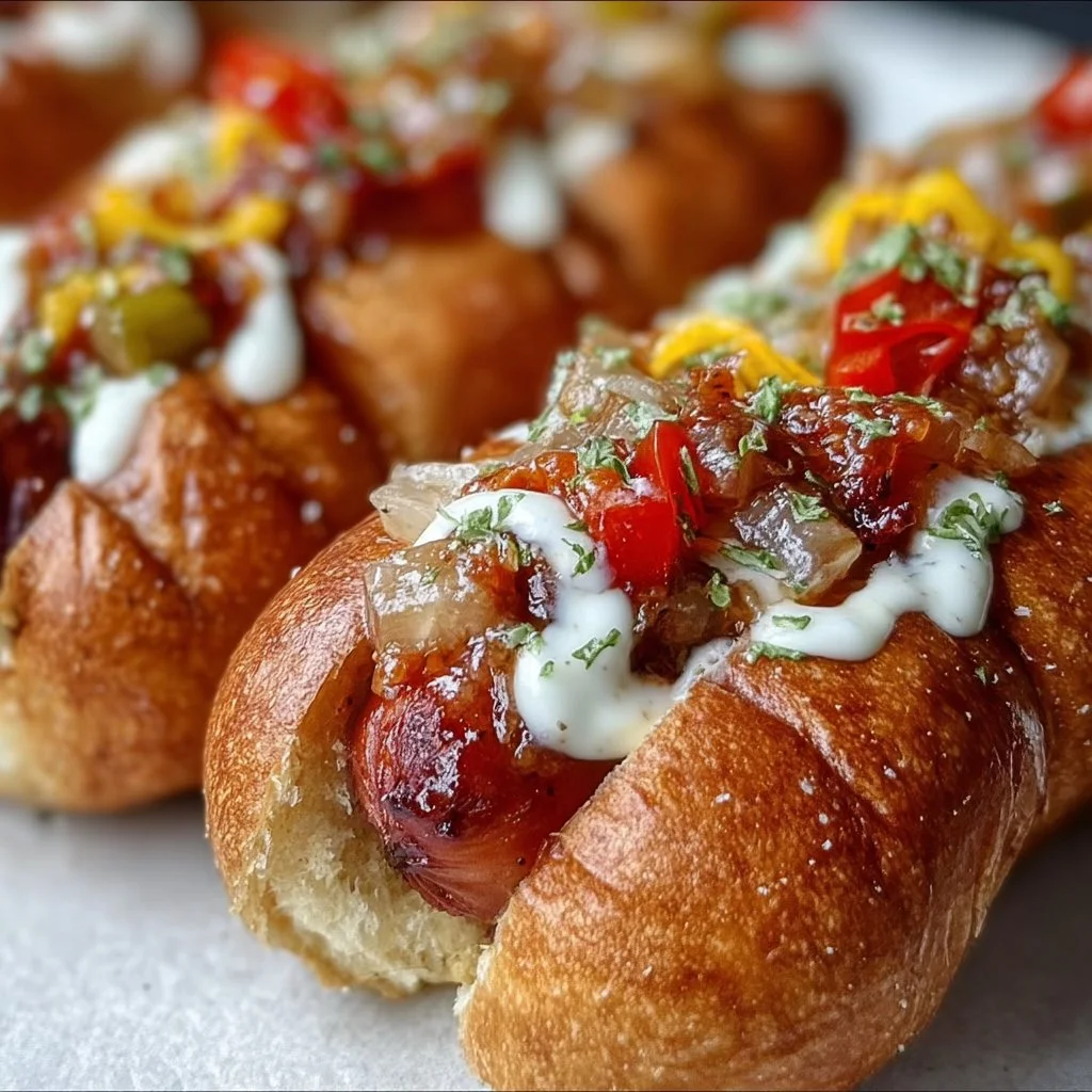 Delicious firecracker hot dogs garnished with spicy toppings