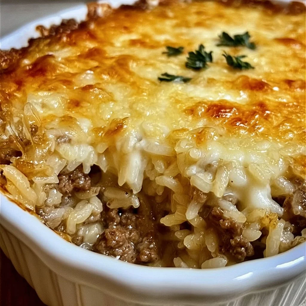 Delicious French onion ground beef and rice casserole served in a baking dish