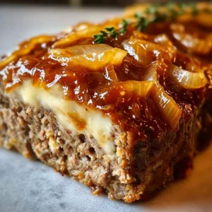Delicious French Onion Meatloaf topped with melted cheese and caramelized onions.