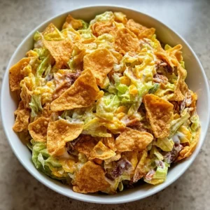 Frito Cowboy Cabbage served in a bowl, topped with crunchy Fritos and fresh ingredients