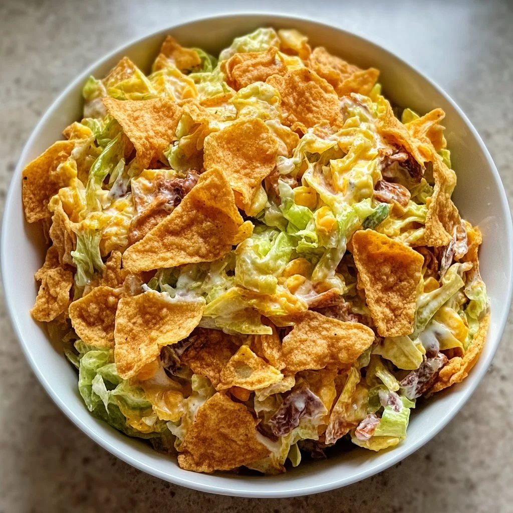 Frito Cowboy Cabbage served in a bowl, topped with crunchy Fritos and fresh ingredients