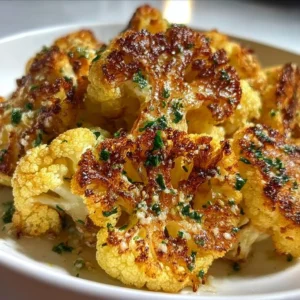 Garlic butter roasted cauliflower dish garnished with herbs
