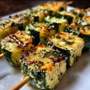 Garlic butter zucchini skewers ready for grilling, garnished for flavor.