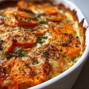 Baked Garlic Scalloped Sweet Potatoes layered with cheese and herbs