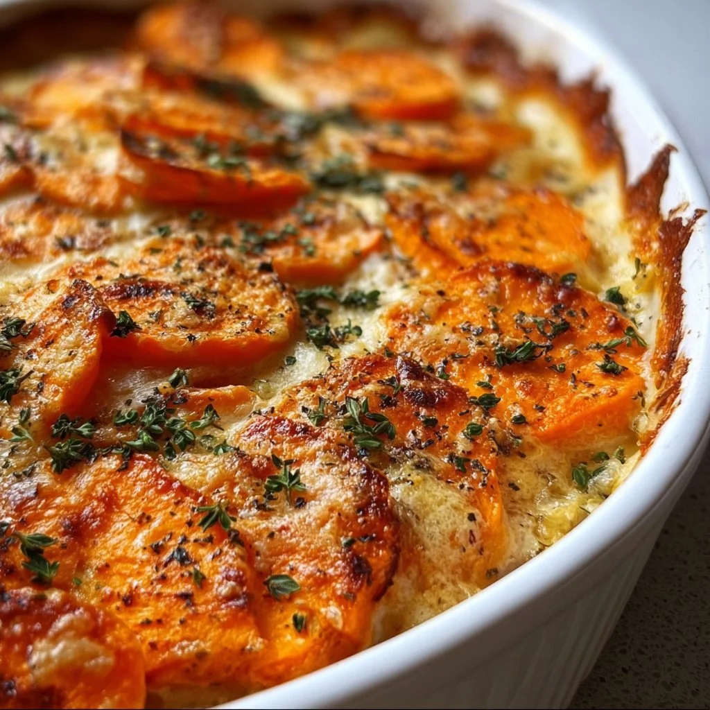Baked Garlic Scalloped Sweet Potatoes layered with cheese and herbs