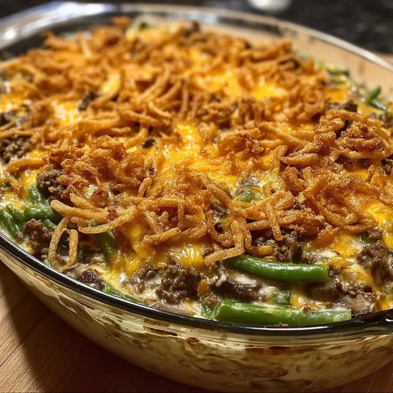 Hamburger Green Bean Casserole served in a baking dish, garnished with herbs.