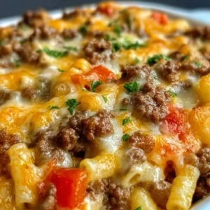 Delicious hamburger supreme casserole topped with melted cheese and fresh ingredients.