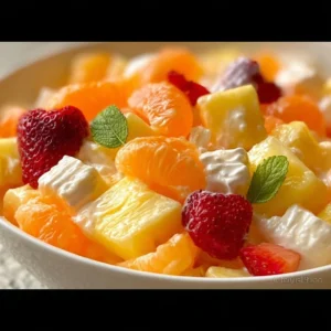 Colorful Hawaiian fruit salad with tropical fruits like pineapple and mango.