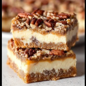Heavenly pecan pie cheesecake bars topped with caramel and pecans