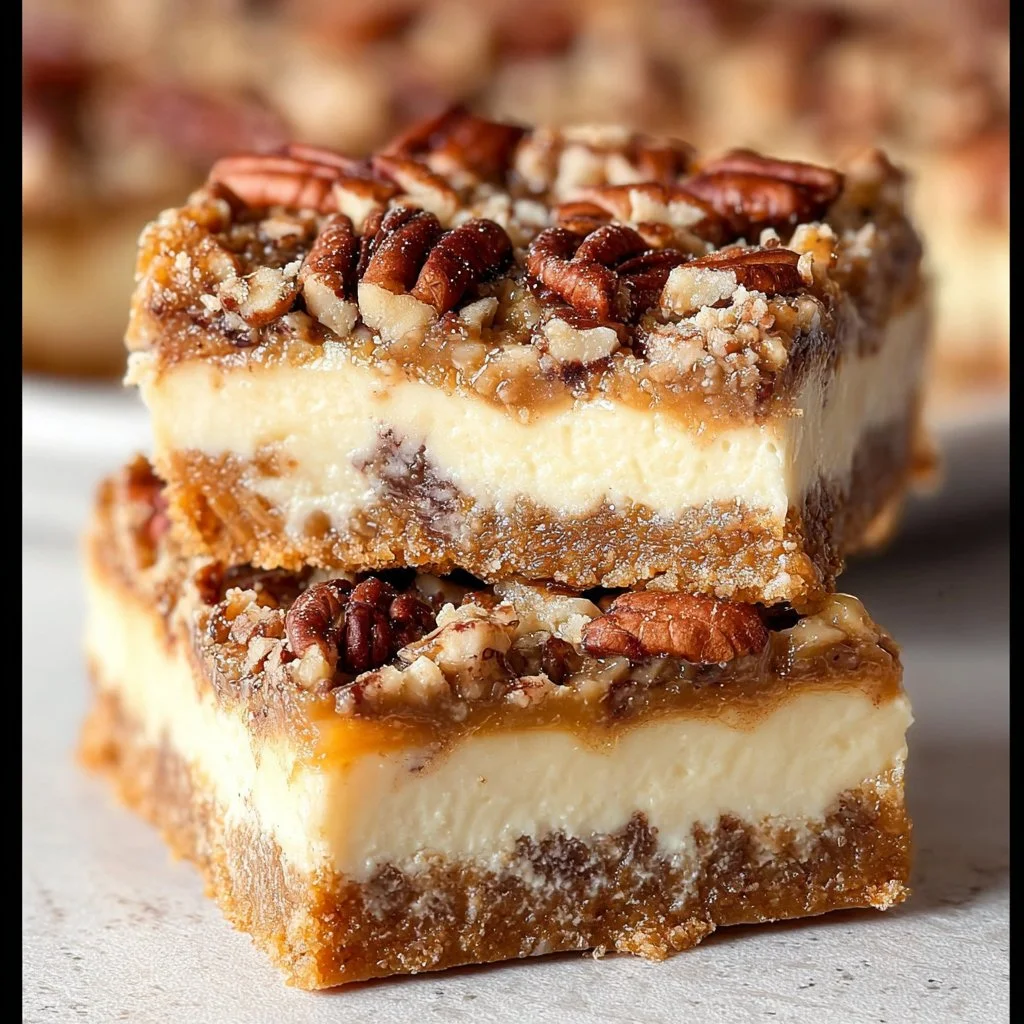 Heavenly pecan pie cheesecake bars topped with caramel and pecans