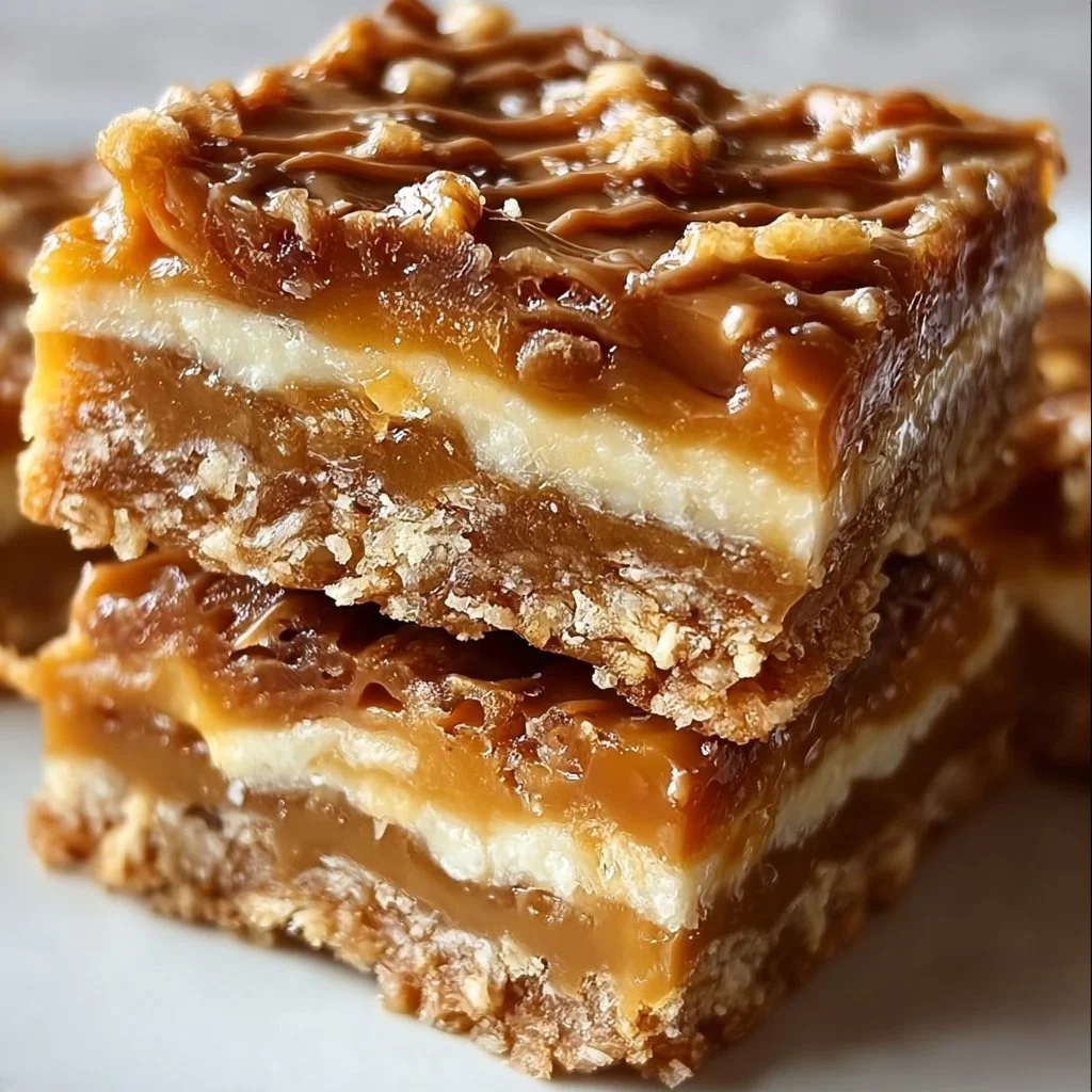 Delicious homemade caramel crush bars with caramel drizzle
