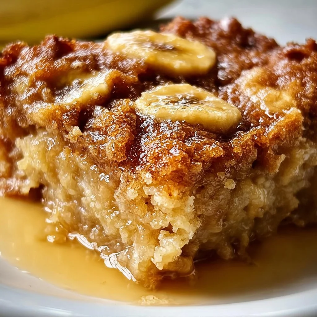 Deliciously moist banana bread cobbler served fresh from the oven