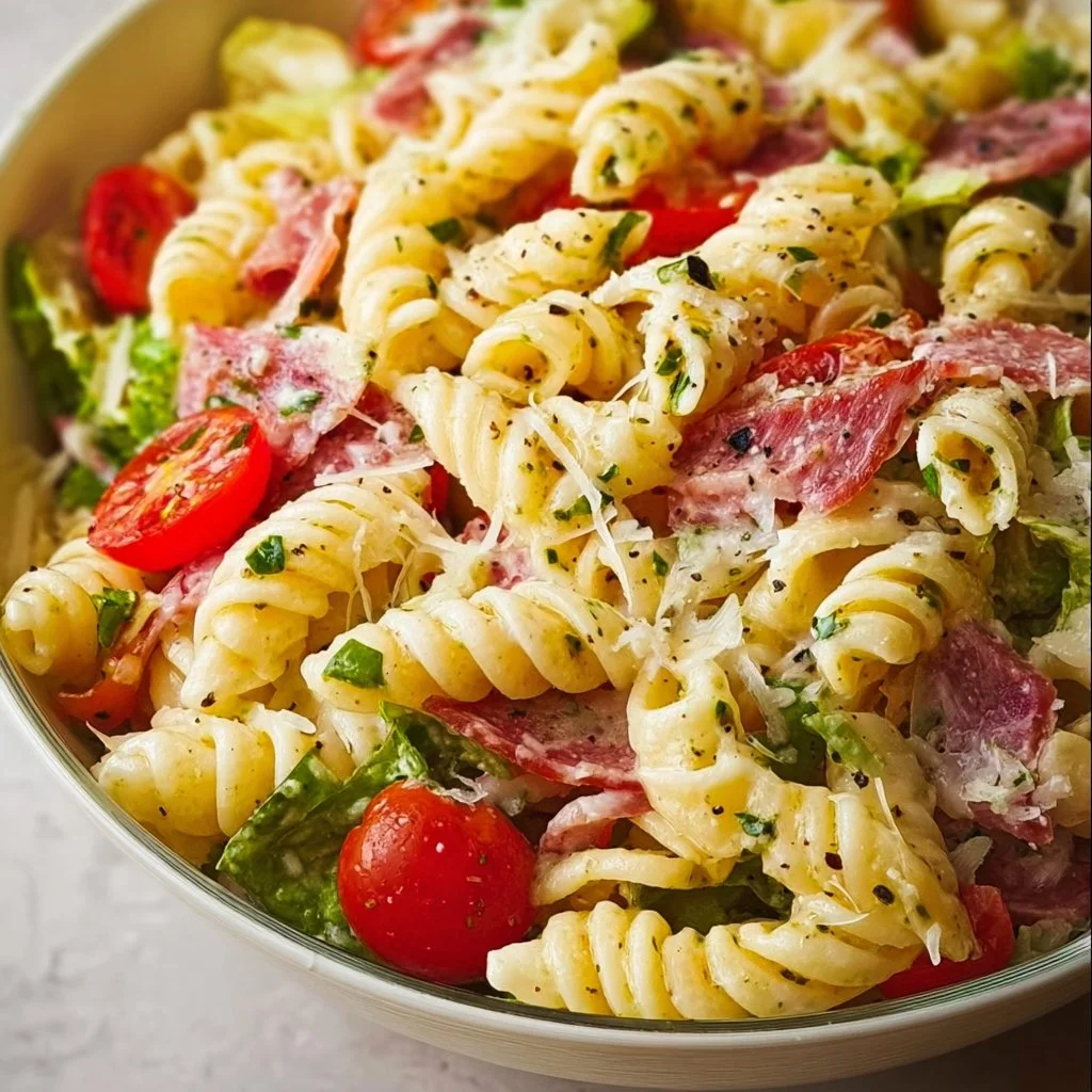 Italian Grinder Pasta Salad with fresh vegetables and pasta.