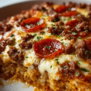 Delicious homemade Keto Pizza Casserole topped with cheese and vegetables