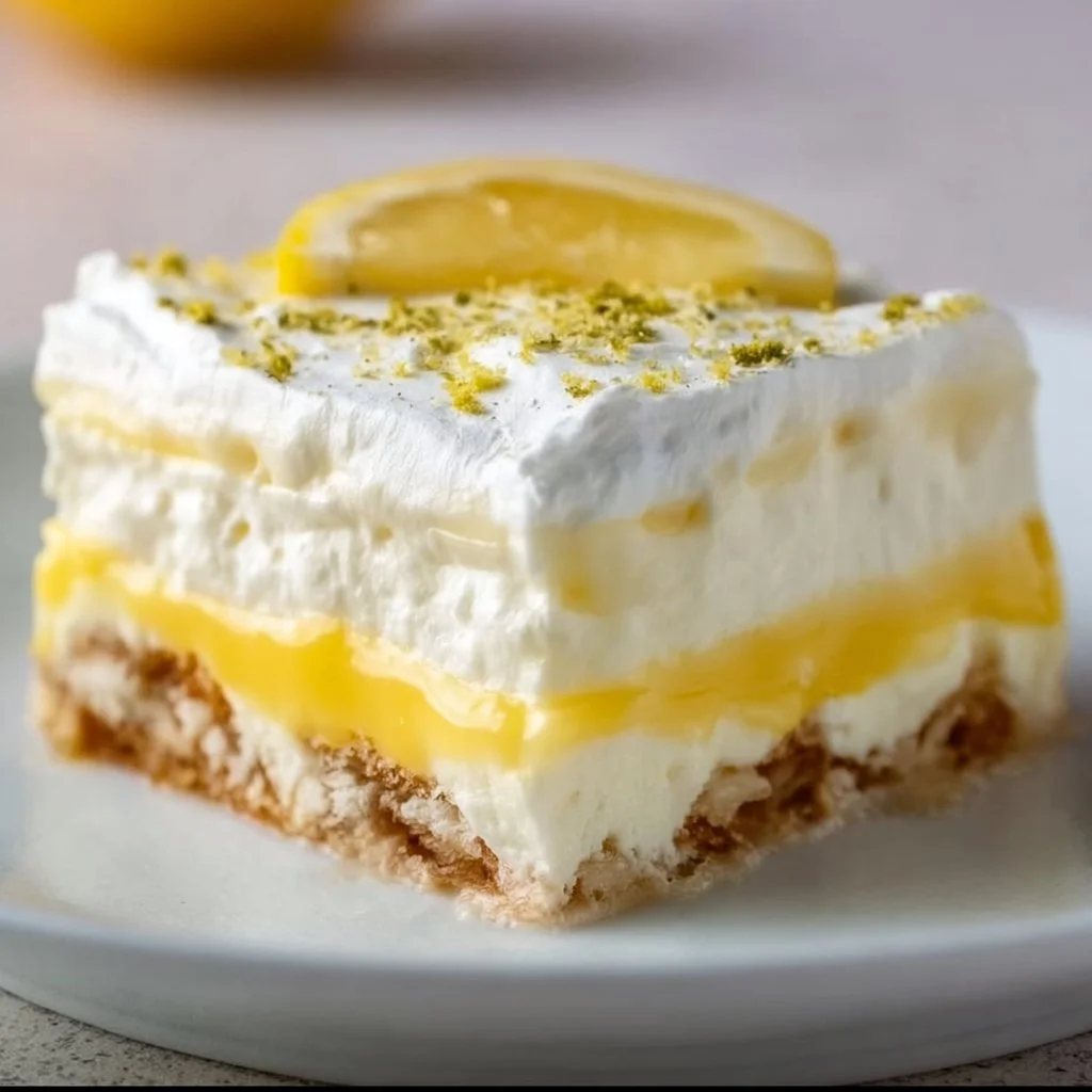 Delicious Lemon Lush dessert topped with whipped cream and lemon slices