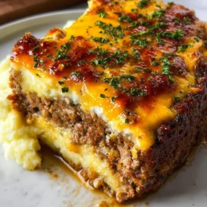 Delicious meatloaf served with creamy mashed potatoes and melted cheese