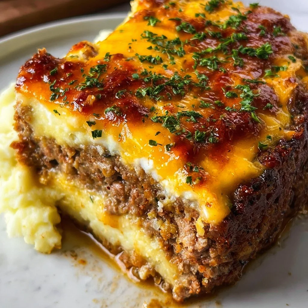Delicious meatloaf served with creamy mashed potatoes and melted cheese