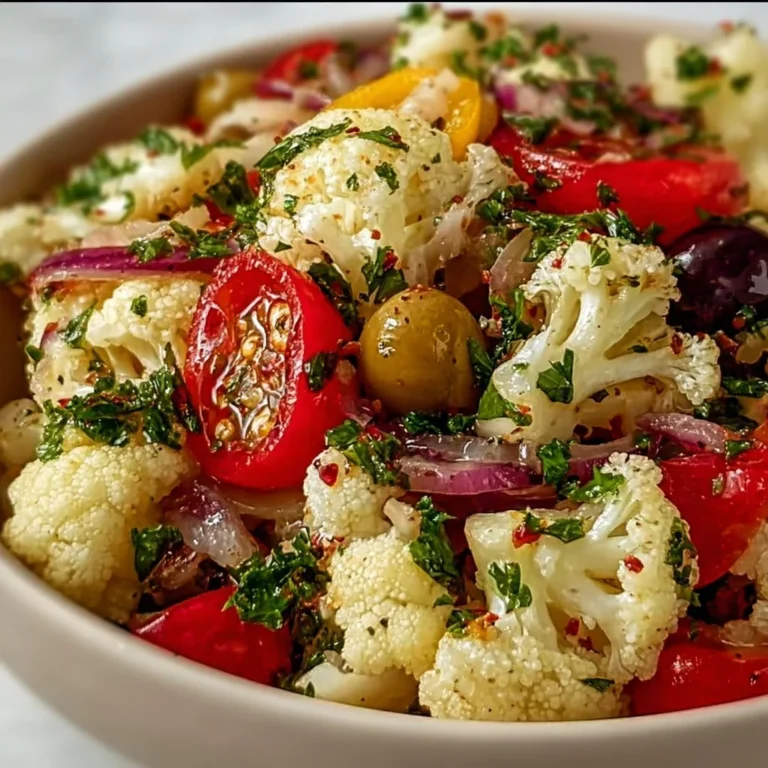 Mediterranean marinated cauliflower salad garnished with fresh herbs and vegetables